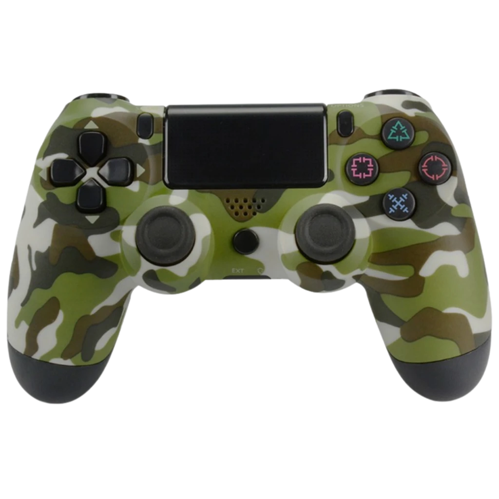 Mando PS4 con diseño camuflaje verde, panel táctil central, sticks analógicos, cruceta negra y botones frontales con íconos de colores, agarres negros