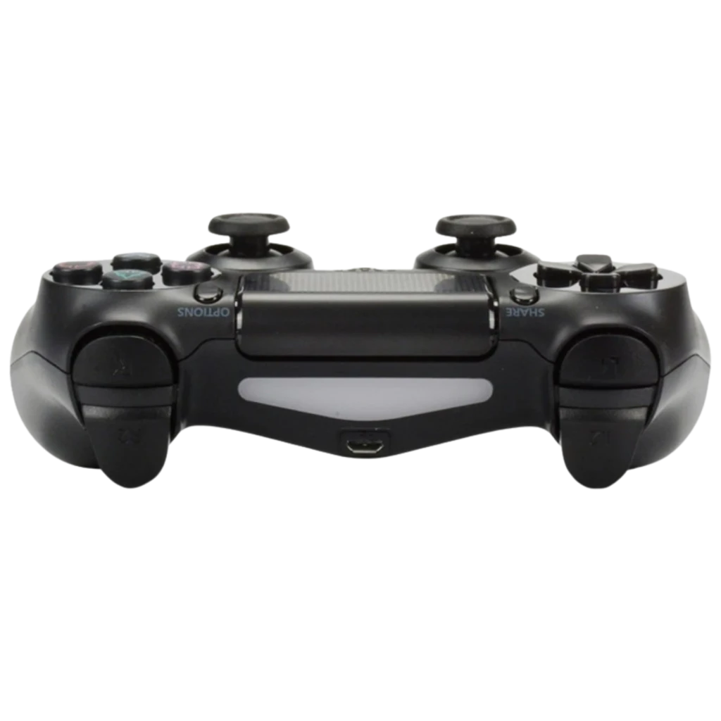 Mando PS4 negro con panel táctil central, barra luminosa frontal, botones Share y Options, joysticks analógicos y gatillos L1 L2 R1 R2 visibles en primer