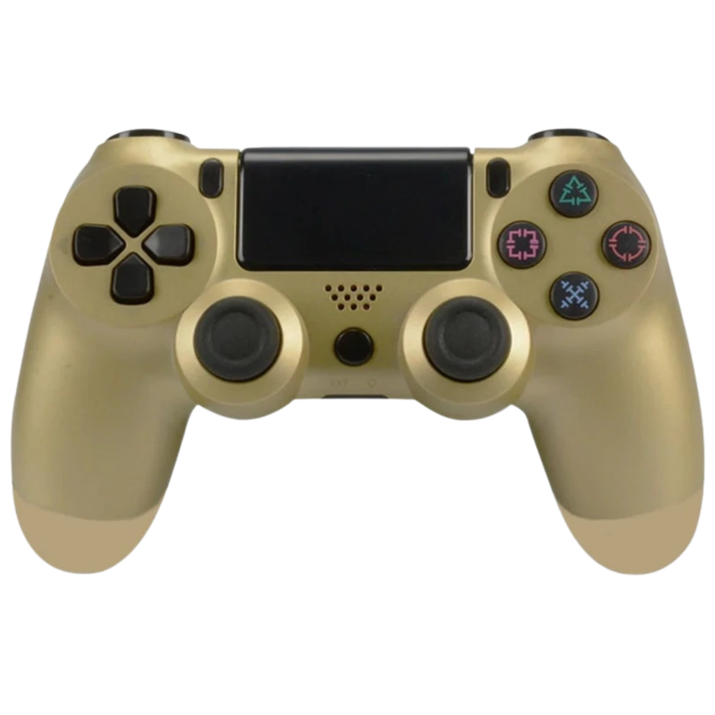 Mando PS4 dorado con panel táctil negro, sticks analógicos dobles, botones frontales con iconos clásicos y cruceta, diseño ergonómico y acabado metálico