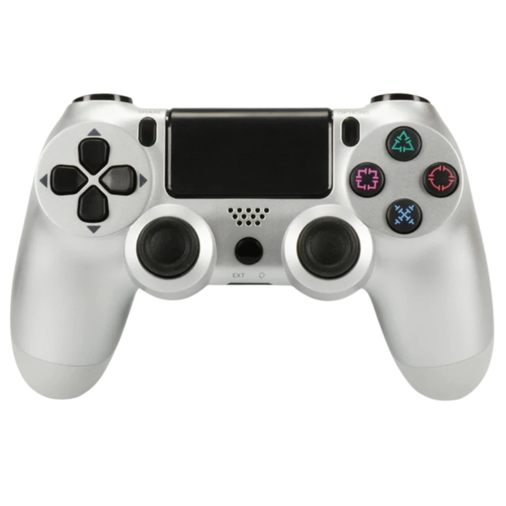 Mando PS4 plateado con panel táctil negro, dos joysticks simétricos, cruceta, botones de colores y gatillos ergonómicos; diseño inalámbrico elegante