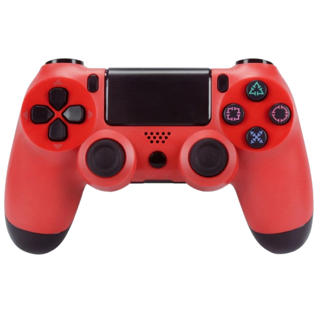 Mando PS4 rojo con panel táctil negro, joysticks duales, botones frontales y gatillos. Diseño ergonómico bicolor con detalles en negro y rojo.