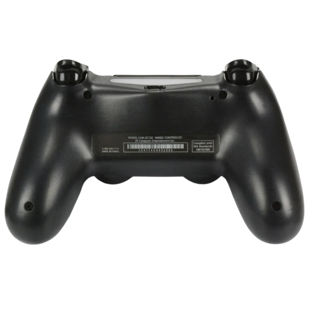 Mando PS4 negro visto por detrás, con acabado mate, agarres ergonómicos, panel táctil superior, gatillos L2 y R2 y puerto micro USB central
