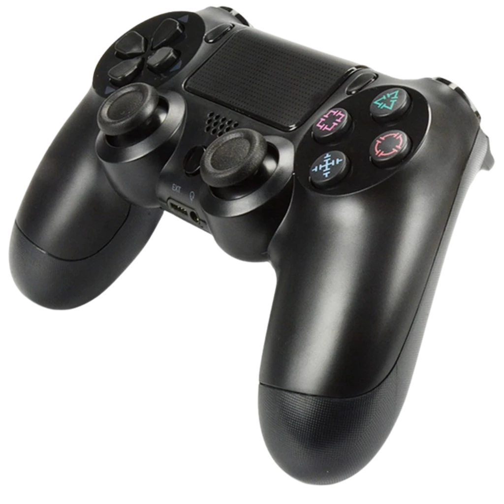 Mando PS4 negro con botones clásicos triangulo, círculo, cruz y cuadrado, sticks analógicos dobles, panel táctil central y gatillos ergonómicos