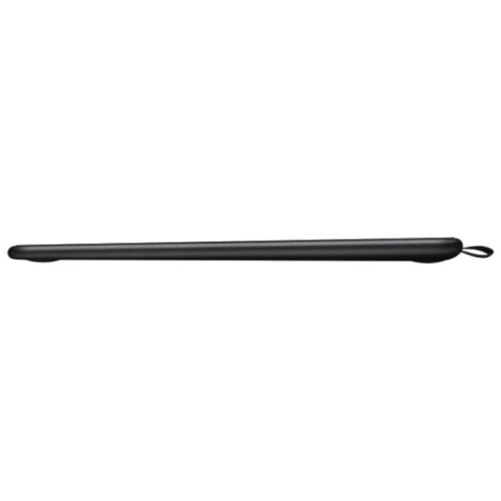 Tableta digitalizadora Wacom Intuos Comfort S negra vista lateral ultradelgada con bordes redondeados y lazo para lápiz, diseño minimalista y portátil