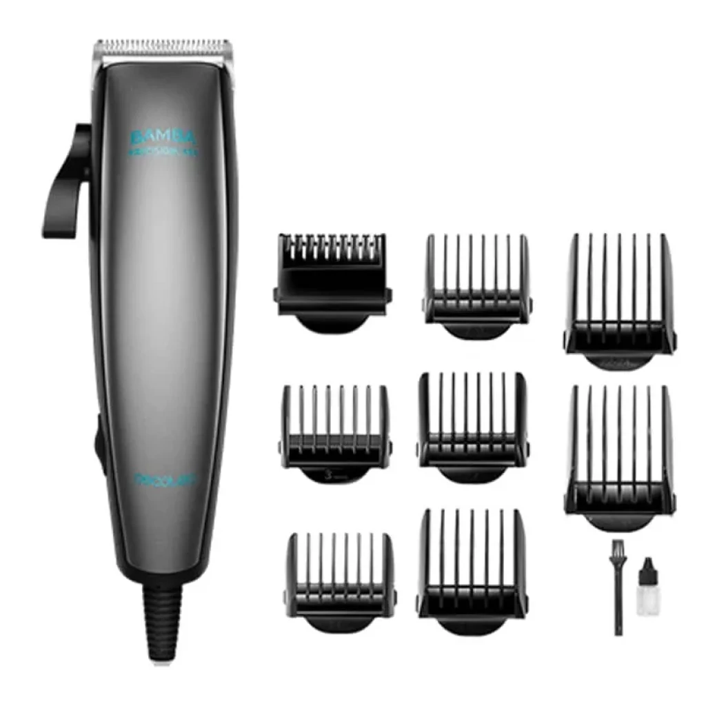 Afeitadora Cecotec Bamba Precisioncare Power Blade Titanium con cuerpo gris, cuchillas metálicas y 8 peines guía, incluye cepillo de limpieza y aceite