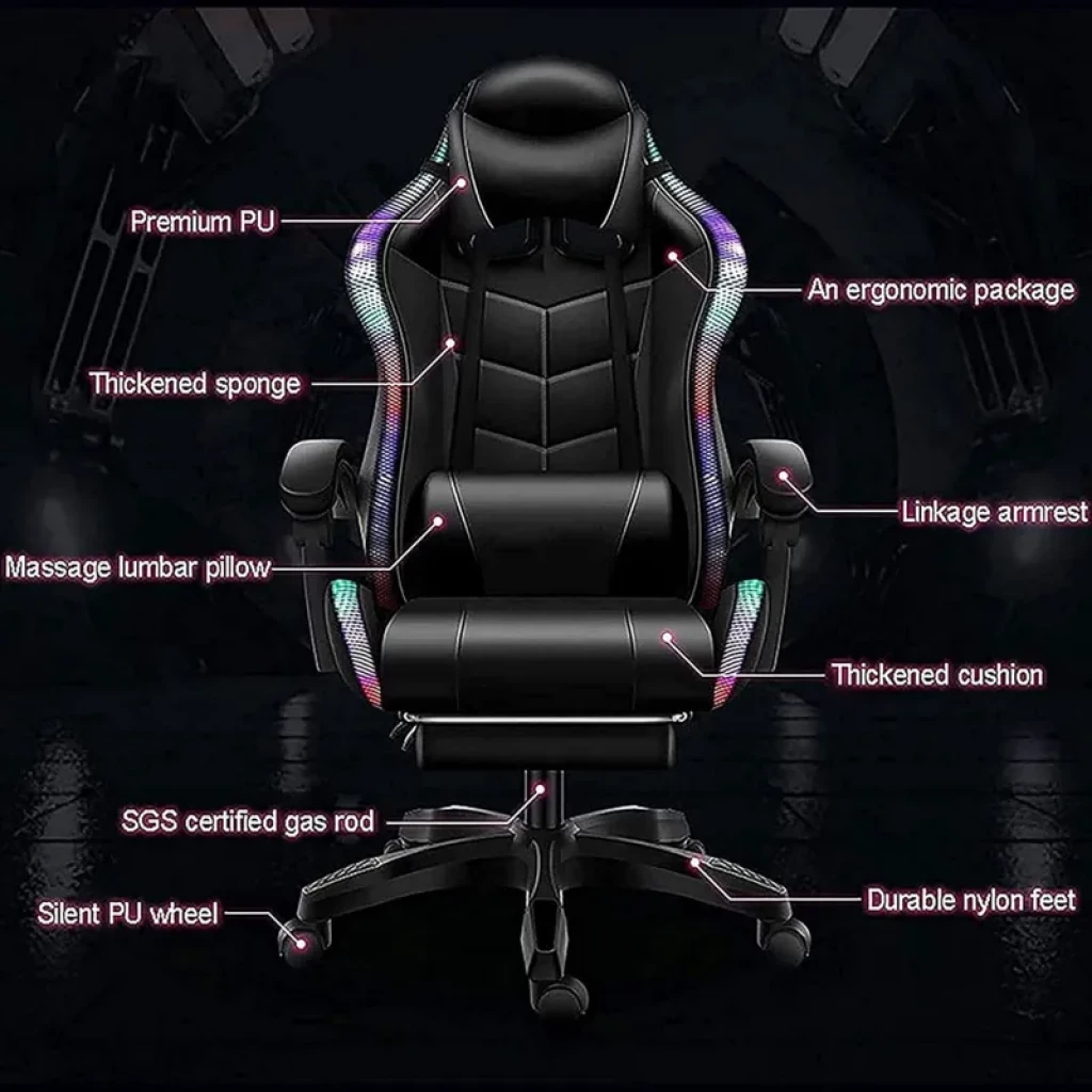 Silla Gaming PowerGaming LED RGB rojo/negro con diseño ergonómico, reposapiés retráctil, cojín lumbar masaje, apoyabrazos vinculados y ruedas silenciosas