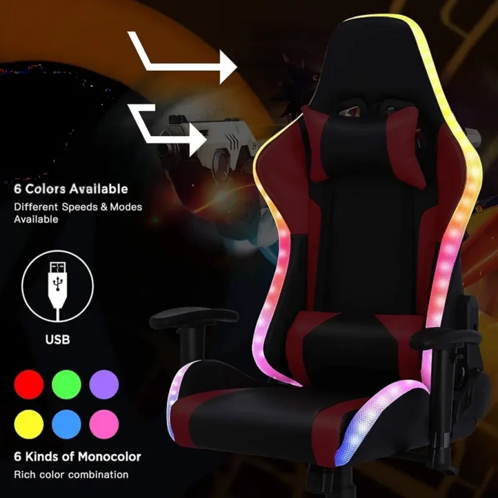 Silla Gaming PowerGaming LED RGB rojo/negro con reposapiés, luces perimetrales multicolor, cojín cervical y lumbar, apoyabrazos ajustables y puerto USB