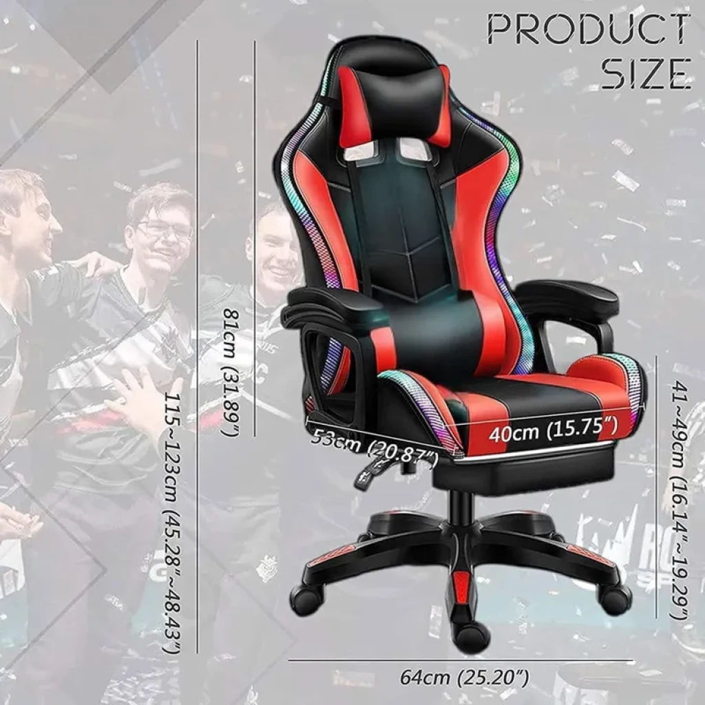 Silla Gaming PowerGaming LED RGB Rojo/Negro con reposapiés, cojín lumbar y cabecera, apoyabrazos acolchados, base con ruedas y tiras RGB laterales