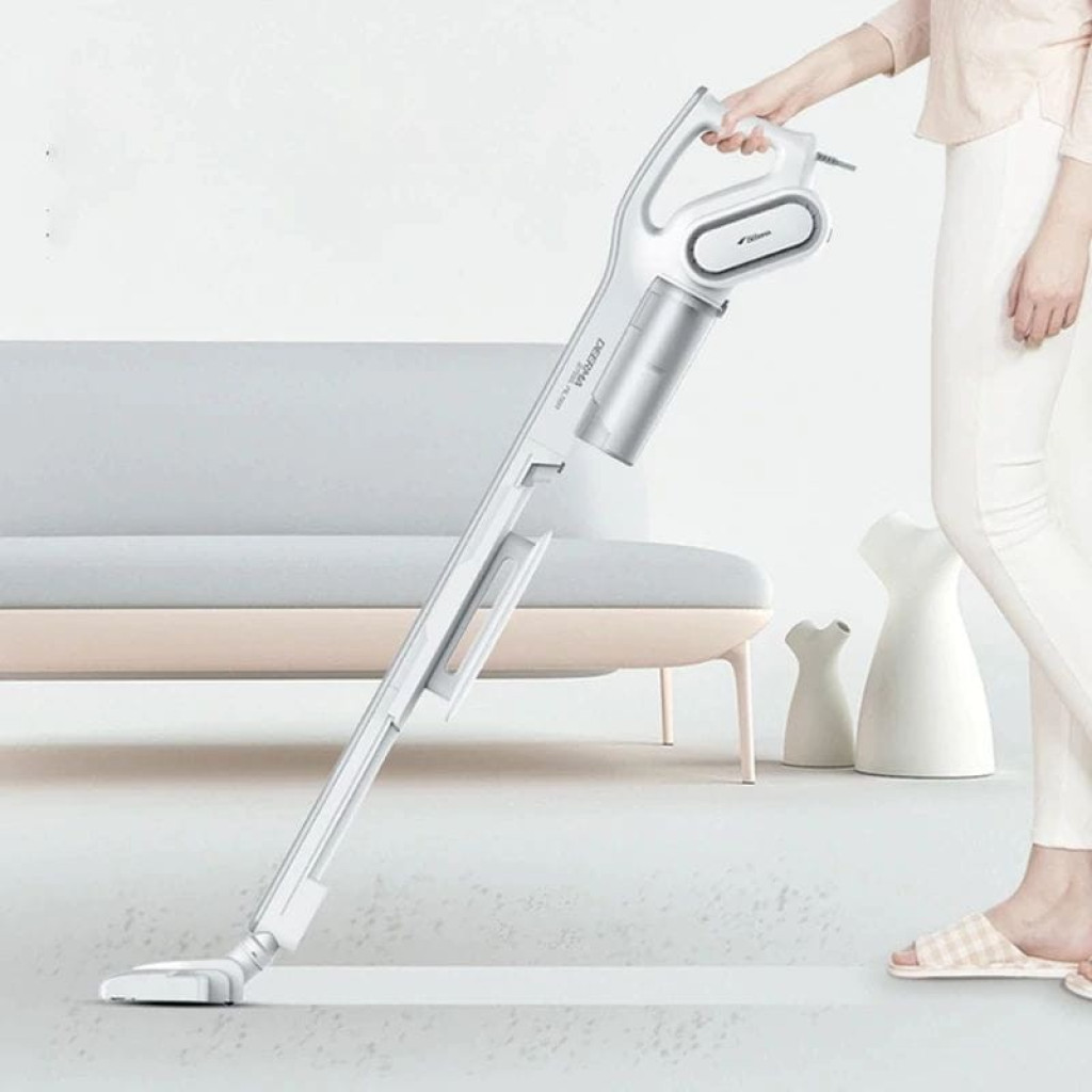Deerma DX700 Handheld Vacuum Cleaner en color blanco, diseño delgado tipo escoba con depósito transparente, asa ergonómica y cabezal plano para suelos y