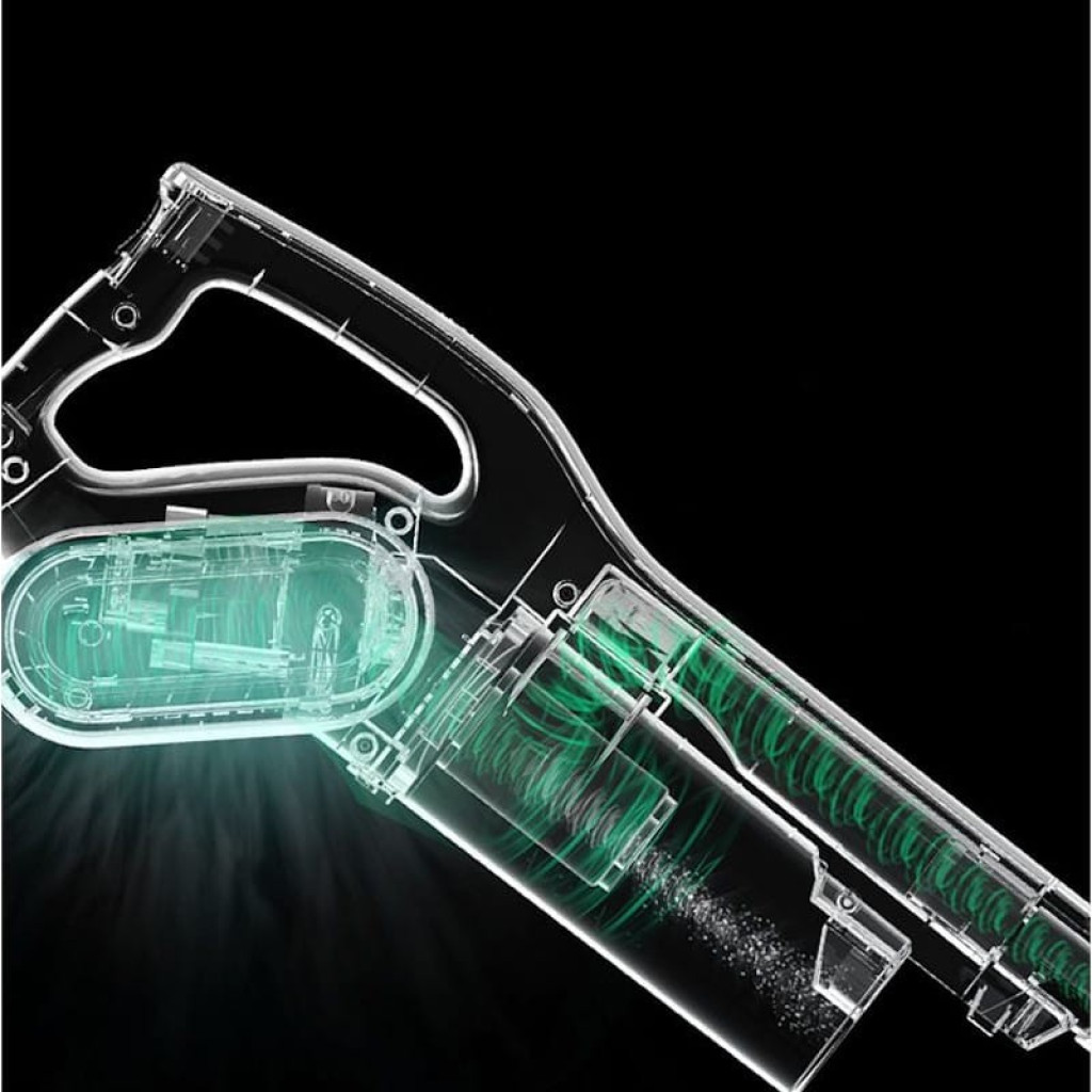 Deerma DX700 Handheld Vacuum Cleaner con diseño transparente, tubo ciclónico y filtro visible; flujo de aire verde resalta su sistema de succión eficiente