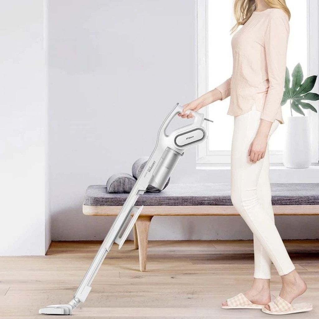 Deerma DX700 Handheld Vacuum Cleaner en color blanco, diseño ligero 2 en 1 tipo escoba y de mano, depósito transparente, cableado, cabezal plano para suelos