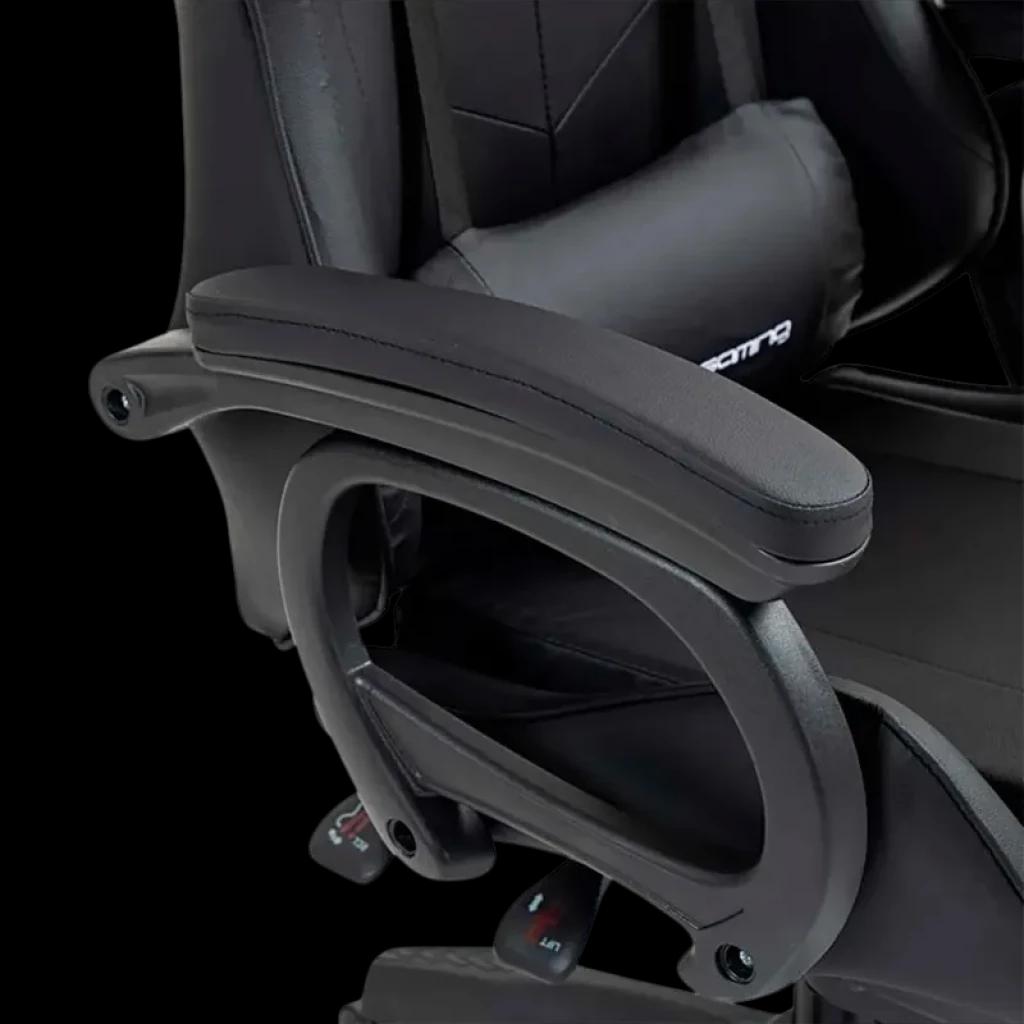 Silla Gaming PowerGaming Negra: reposabrazos acolchado ajustable, tapizado en cuero sintético negro, cojín lumbar ergonómico y costuras en patrón