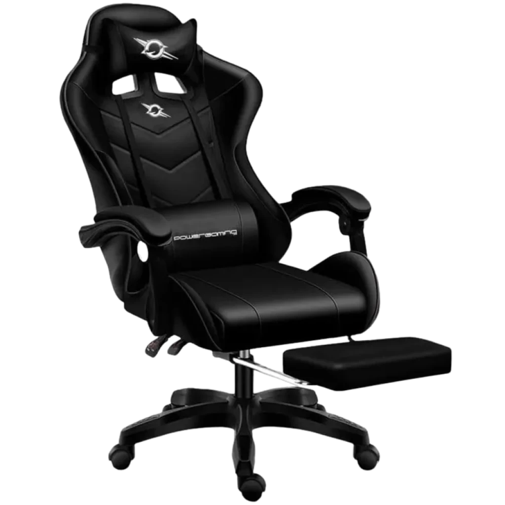 Silla gaming PowerGaming negra con altavoz Bluetooth, masaje lumbar, reposabrazos acolchados, respaldo alto ergonómico y reposapiés retráctil