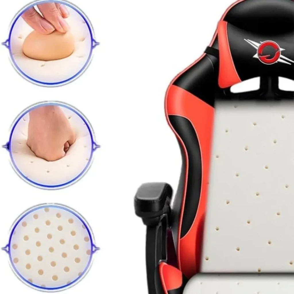 Silla Gaming PowerGaming negra y roja con respaldo acolchado perforado, apoyabrazos ajustable, reposapiés, altavoz Bluetooth y función de masaje