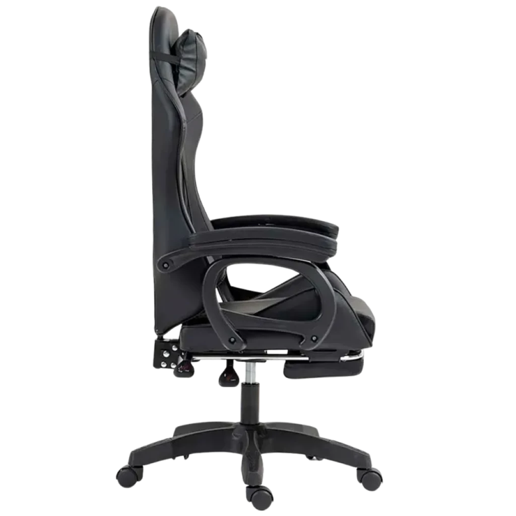 Silla gaming negra con respaldo alto, cojín lumbar masaje, altavoces Bluetooth integrados, reposabrazos acolchados, reposapiés extensible y base con ruedas