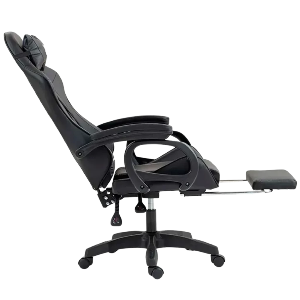 Silla gaming negra con cojín de masaje, altavoz Bluetooth, reposapiés extendido, respaldo reclinable, apoyabrazos acolchados y base con ruedas robusta
