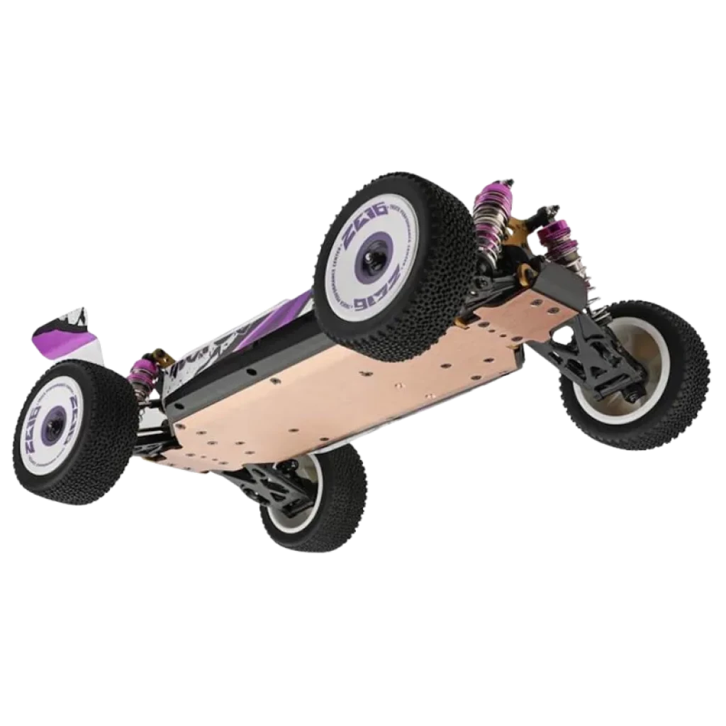Wltoys 124019 1/12 4WD Buggy con chasis metálico liso, suspensión ajustable con muelles morados, ruedas off-road de gran agarre y diseño deportivo