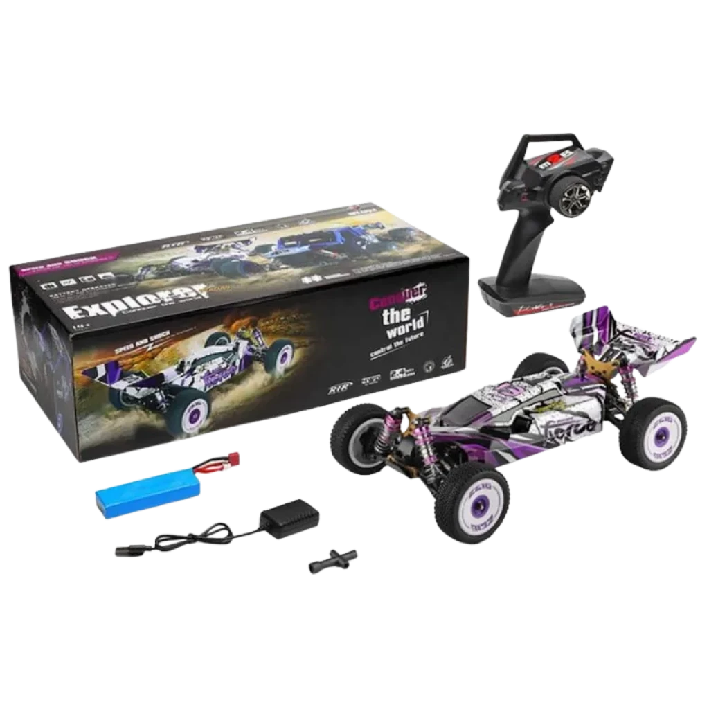 Buggy RC 1/12 4WD eléctrico Wltoys 124019 en morado y blanco con alerón, neumáticos off-road, control remoto, batería, cargador y caja del kit