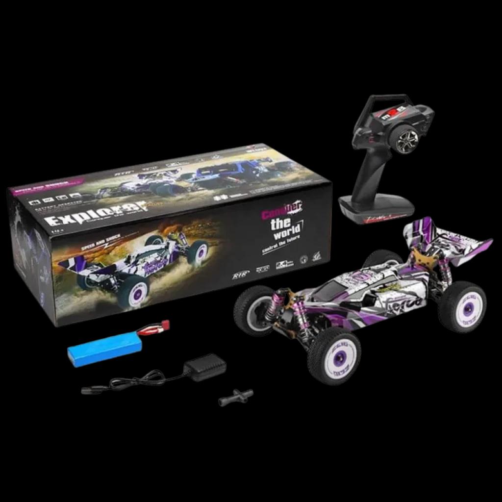 Buggy RC 1/12 4WD eléctrico Wltoys 124019 en morado y blanco con alerón, neumáticos off-road, control remoto, batería, cargador y caja del kit