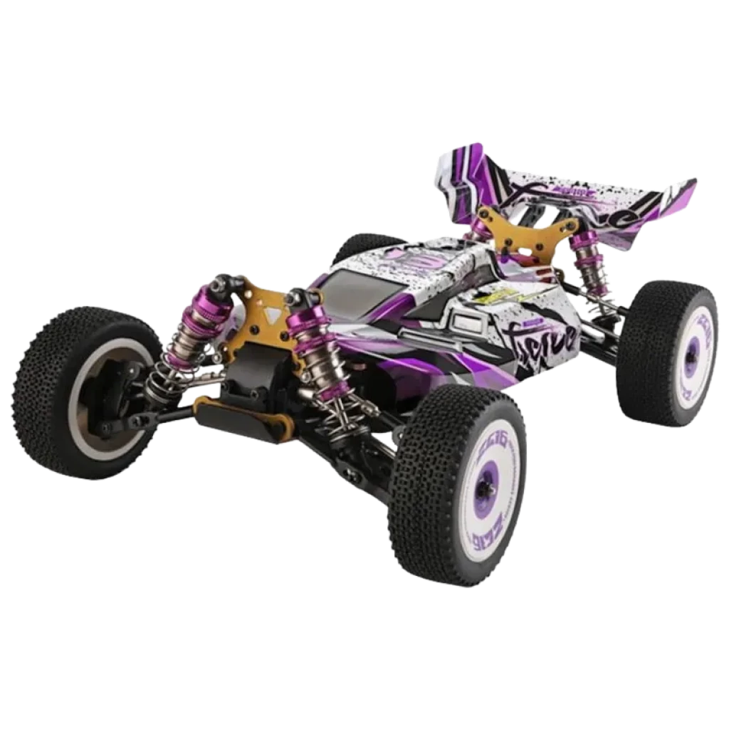 Wltoys 124019 1/12 4WD Buggy con carrocería morada y blanca, suspensión independiente con amortiguadores metálicos, llantas off-road y alerón trasero