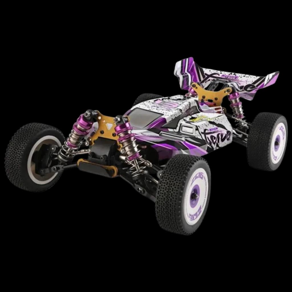 Wltoys 124019 1/12 4WD Buggy con carrocería morada y blanca, suspensión independiente con amortiguadores metálicos, llantas off-road y alerón trasero