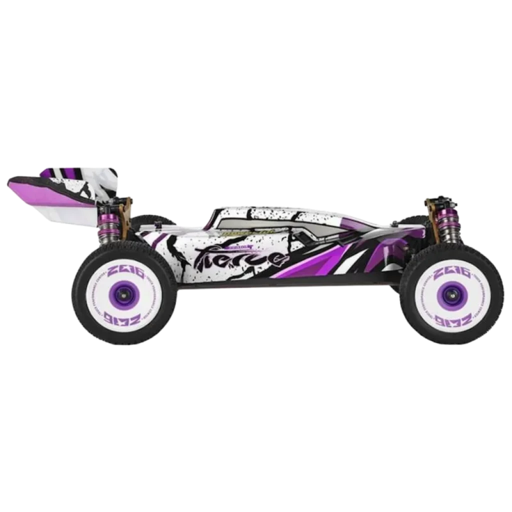 Wltoys 124019 1/12 4WD Buggy con chasis bajo, alerón trasero, suspensión de doble amortiguador dorado y llantas blancas con detalles morados y negro