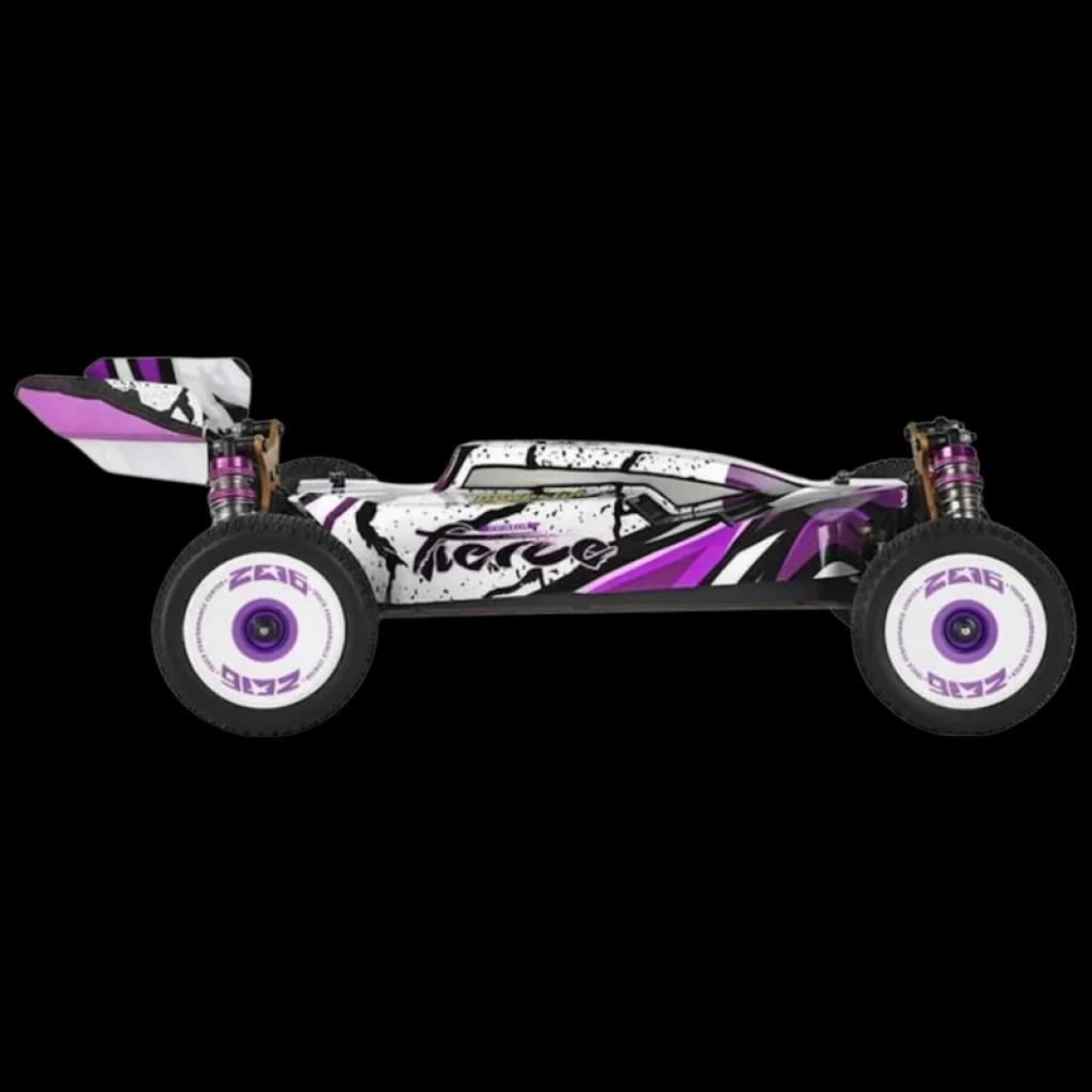 Wltoys 124019 1/12 4WD Buggy con chasis bajo, alerón trasero, suspensión de doble amortiguador dorado y llantas blancas con detalles morados y negro