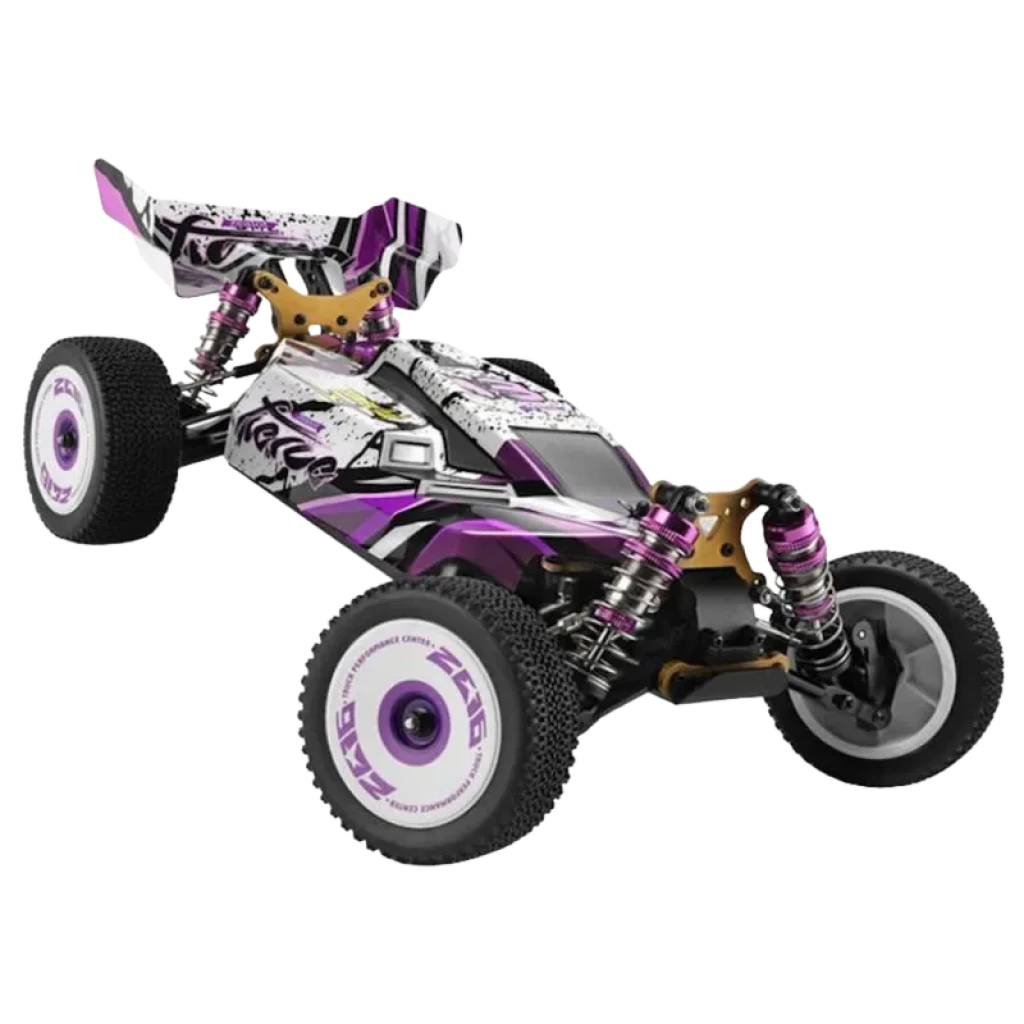 Wltoys 124019 1/12 4WD Buggy RC eléctrico con chasis metálico, suspensión independiente, neumáticos de agarre y diseño aerodinámico en morado y blanco