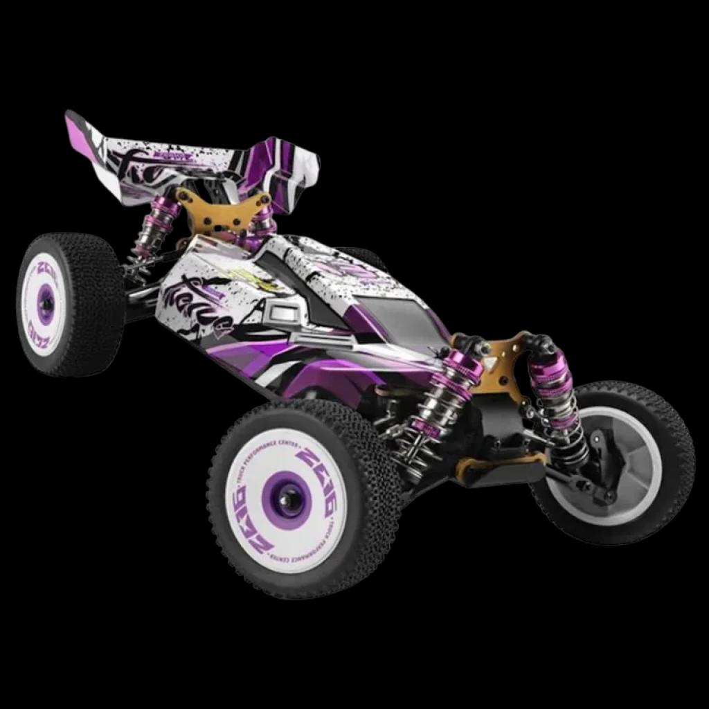 Wltoys 124019 1/12 4WD Buggy RC eléctrico con chasis metálico, suspensión independiente, neumáticos de agarre y diseño aerodinámico en morado y blanco