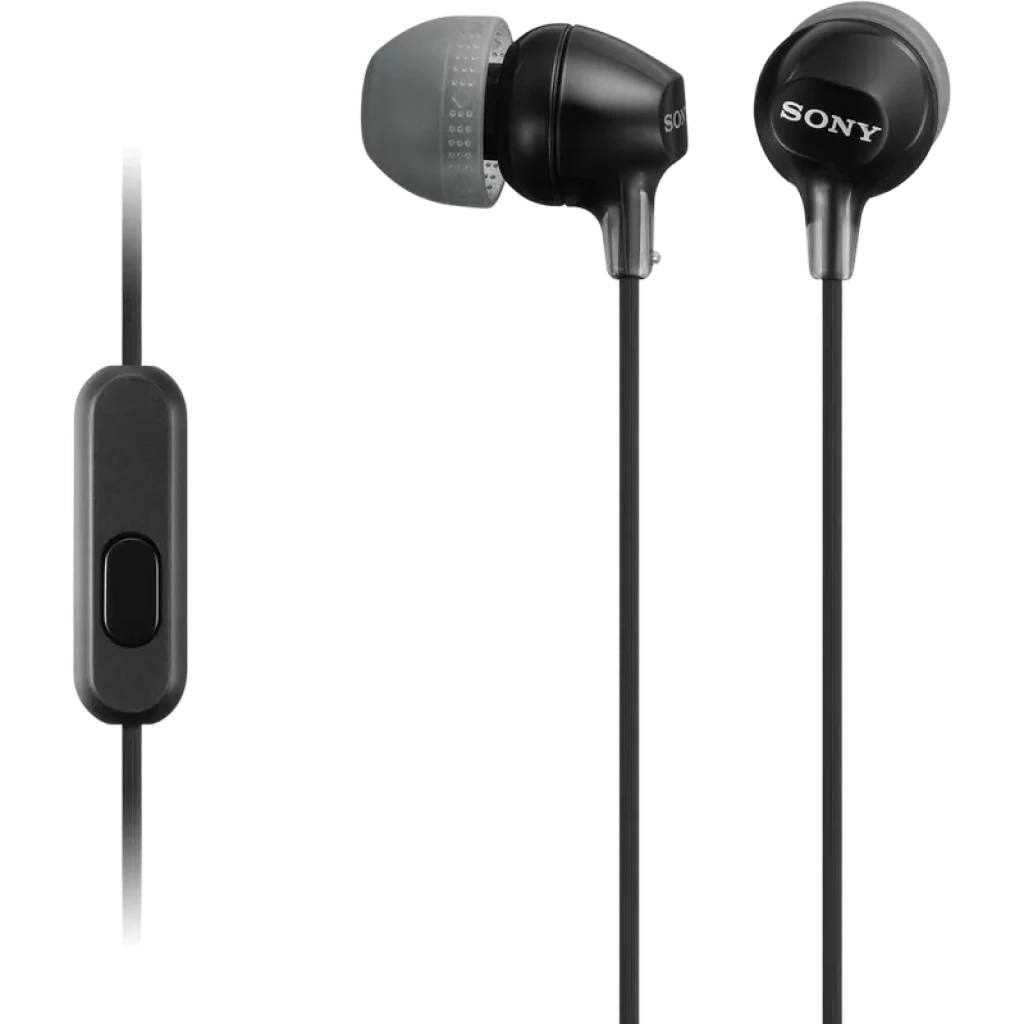 Sony MDR-EX15AP con Micrófono Negro: audífonos intrauditivos negros con almohadillas de silicona grises, cable delgado y control en línea con botón para