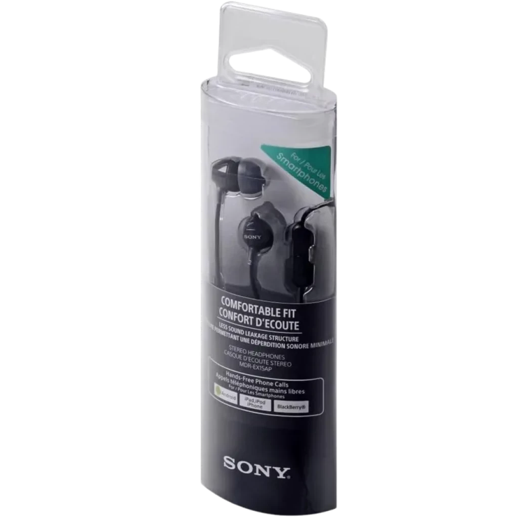 Auriculares intrauditivos Sony MDR-EX15AP con micrófono negro, cable con control en línea, almohadillas de silicona, diseño compacto y presentación en tubo