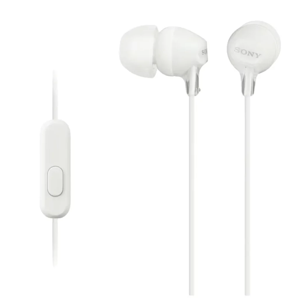 Sony MDR-EX15AP com Microfone Branco; fones intra-auriculares brancos com botão no cabo, pontas de silicone, design compacto, cabo fino e acabamento fosco