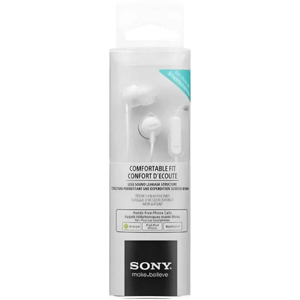 Fones intra-auriculares Sony MDR-EX15AP brancos com microfone, cabo branco e ponteiras de silicone; design compacto, controle no fio e embalagem cilíndrica