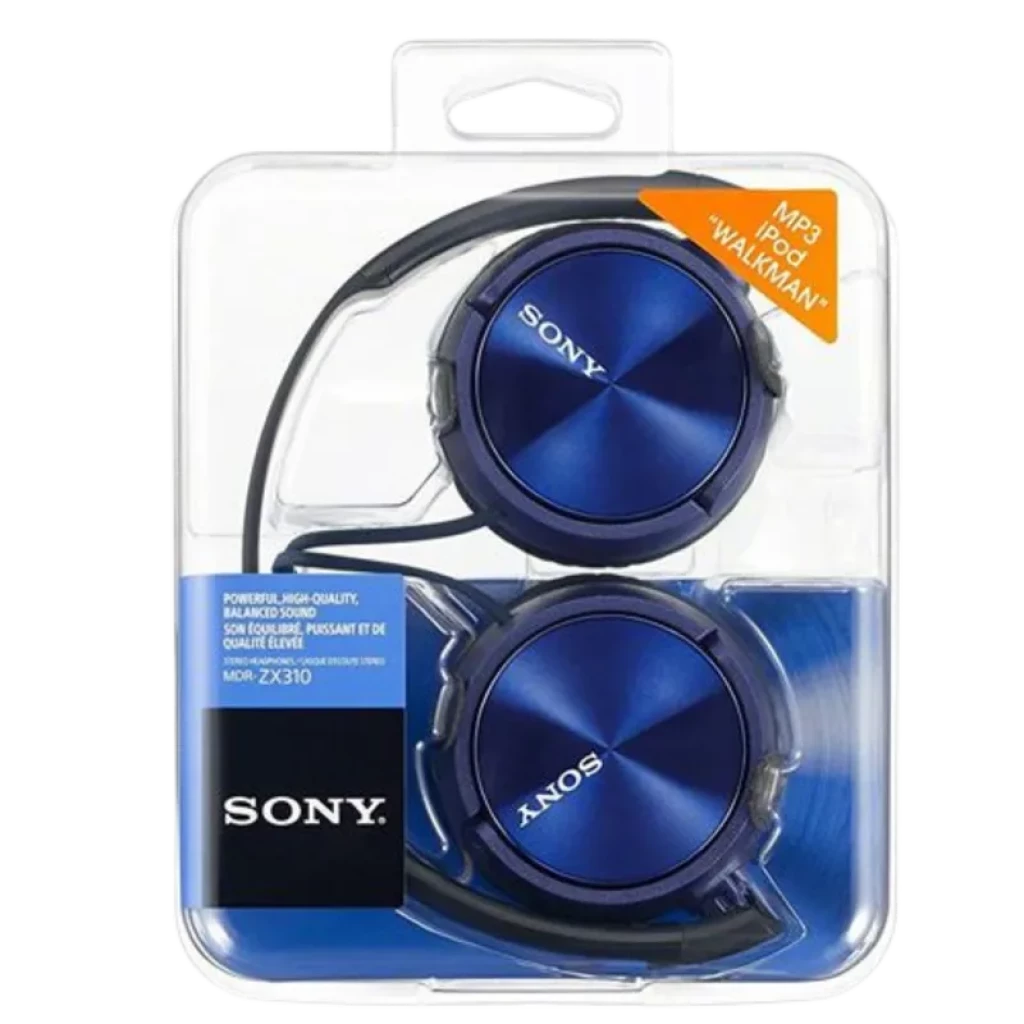 Auriculares Sony MDR-ZX310 Azul plegables, diseño supraaural con copas metálicas azules brillantes, cable con micrófono y compatibilidad MP3 iPod Walkman