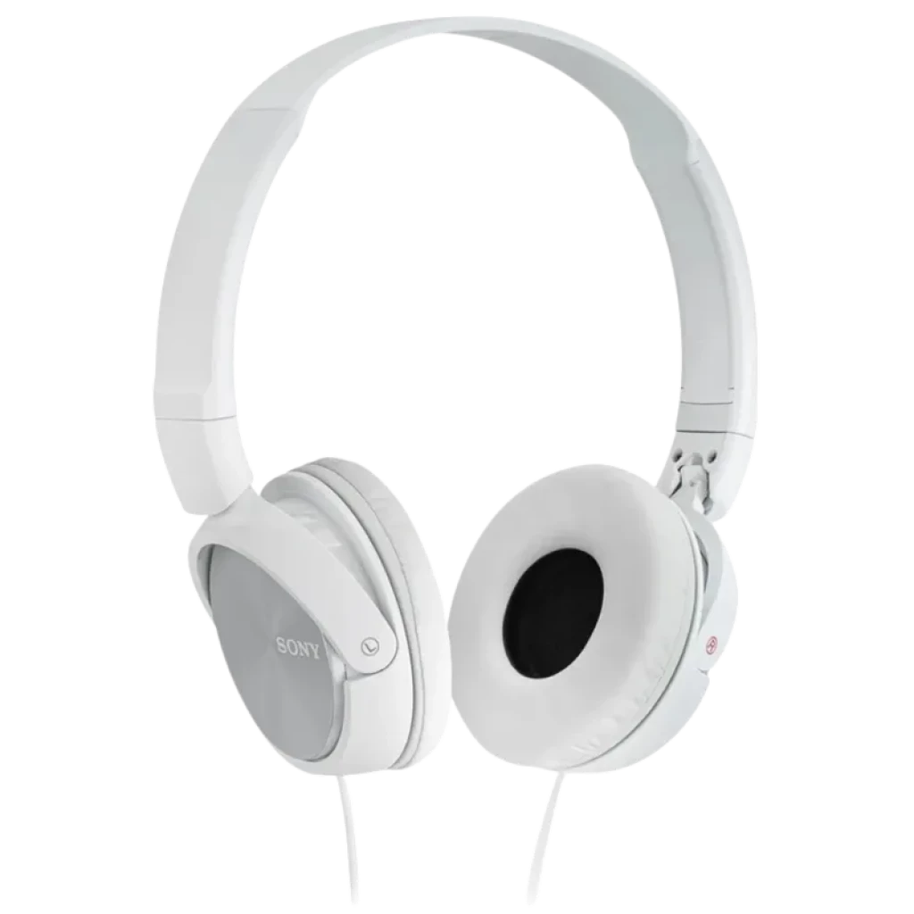 Auscultadores Sony MDR-ZX310 Branco com design leve, conchas acolchoadas, bandas ajustáveis e cabo com fio; acabamento branco brilhante e prateado.