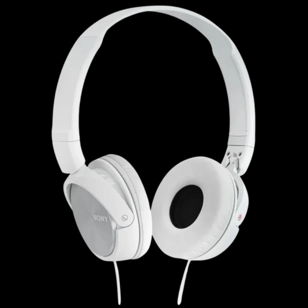 Auscultadores Sony MDR-ZX310 Branco com design leve, conchas acolchoadas, bandas ajustáveis e cabo com fio; acabamento branco brilhante e prateado.
