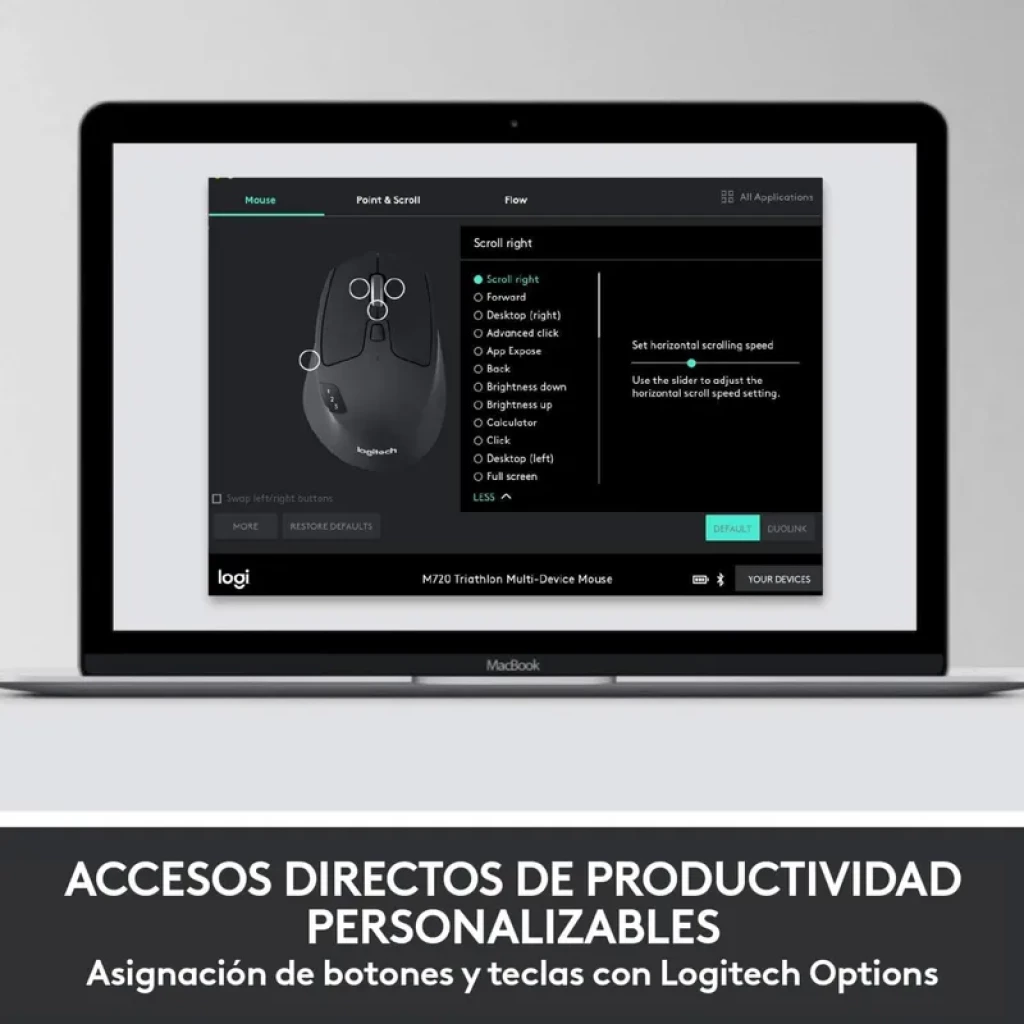 Tela de notebook exibindo Logitech Options com mouse preto e botões personalizáveis; destaca rolagem e atalhos, interface clara em fundo escuro