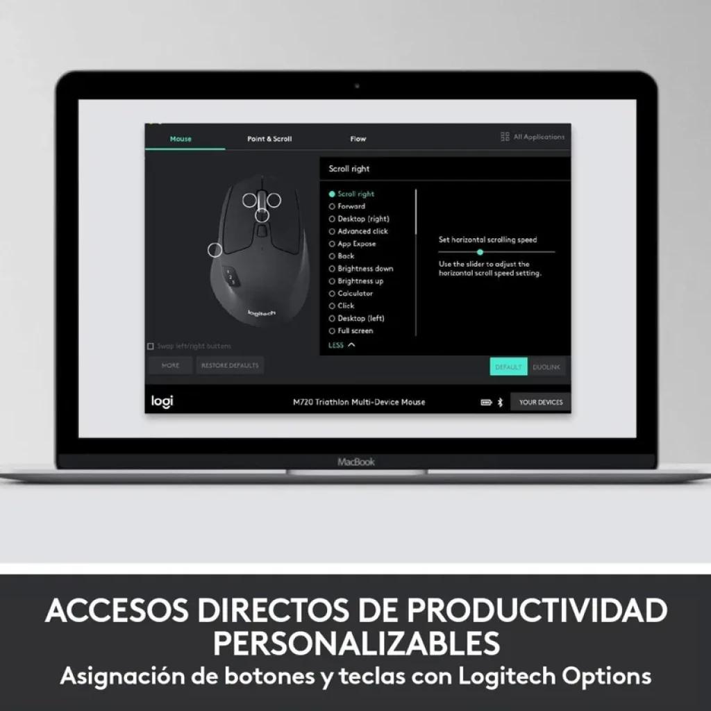 Tela de notebook exibindo Logitech Options com mouse preto e botões personalizáveis; destaca rolagem e atalhos, interface clara em fundo escuro