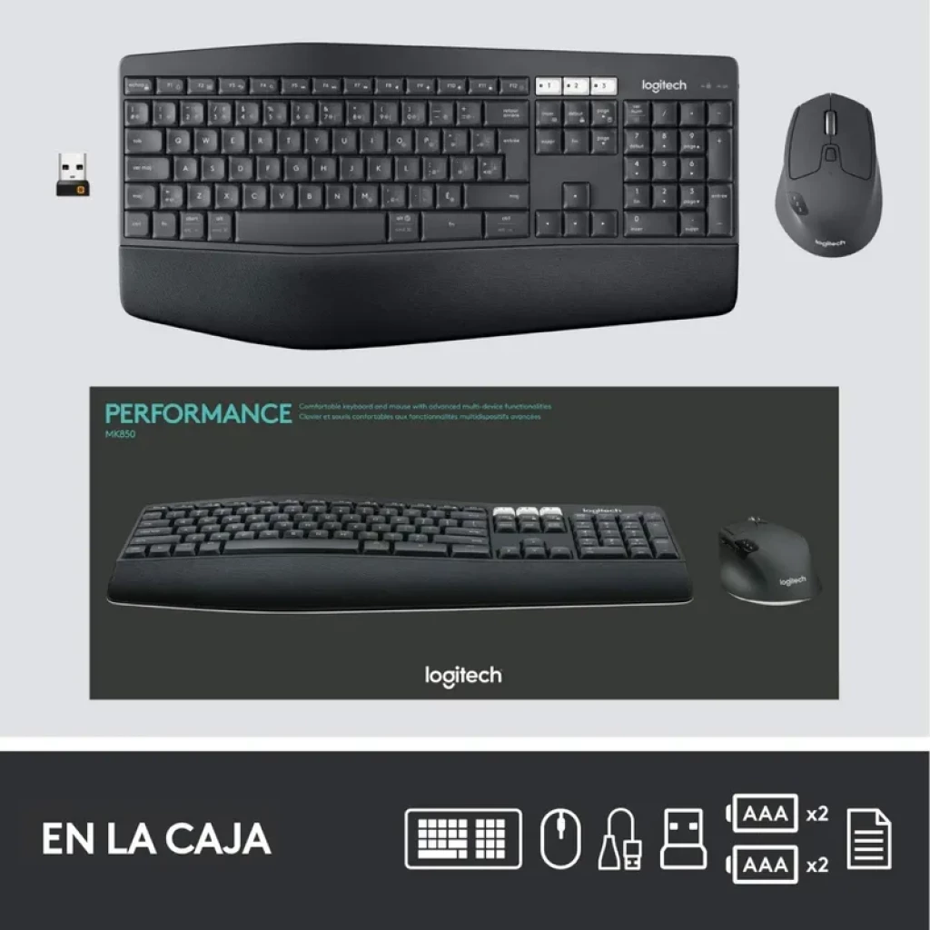 Teclado de membrana sem fio espanhol Logitech MK850 com apoio acolchoado, mouse preto 1000 DPI, receptor USB, pilhas AAA incluídas