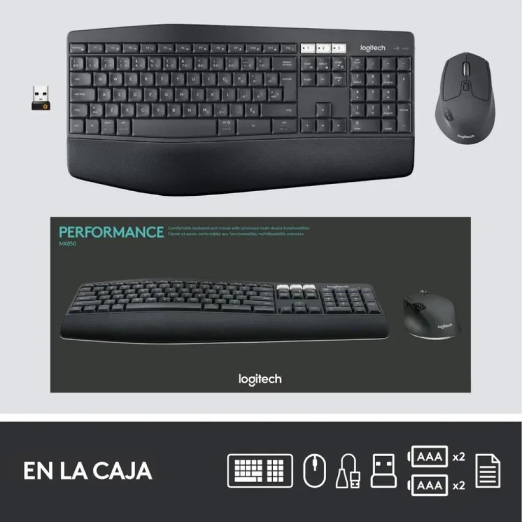 Teclado de membrana sem fio espanhol Logitech MK850 com apoio acolchoado, mouse preto 1000 DPI, receptor USB, pilhas AAA incluídas