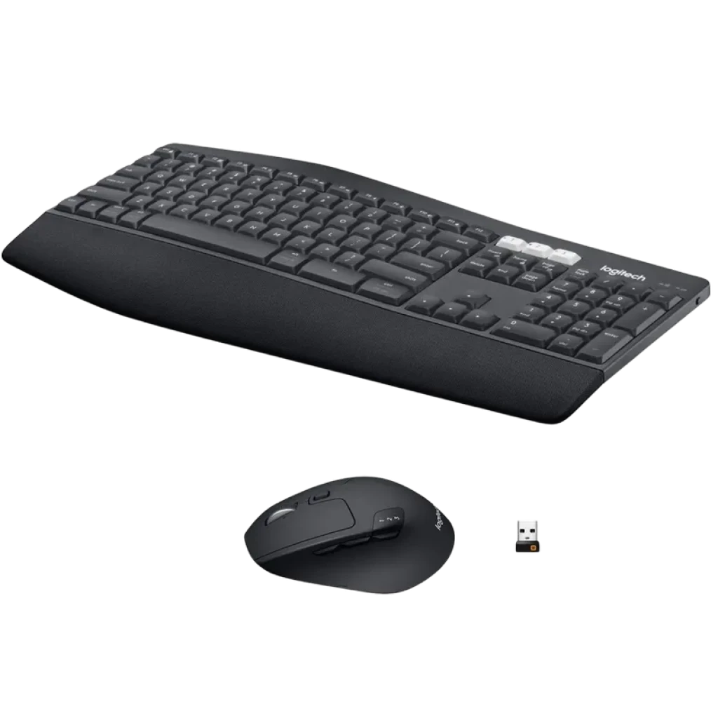 Teclado de membrana espanhol sem fio com apoio ergonômico e teclas multimídia, acompanhado de mouse preto sem fio 1000 DPI e receptor USB compactos