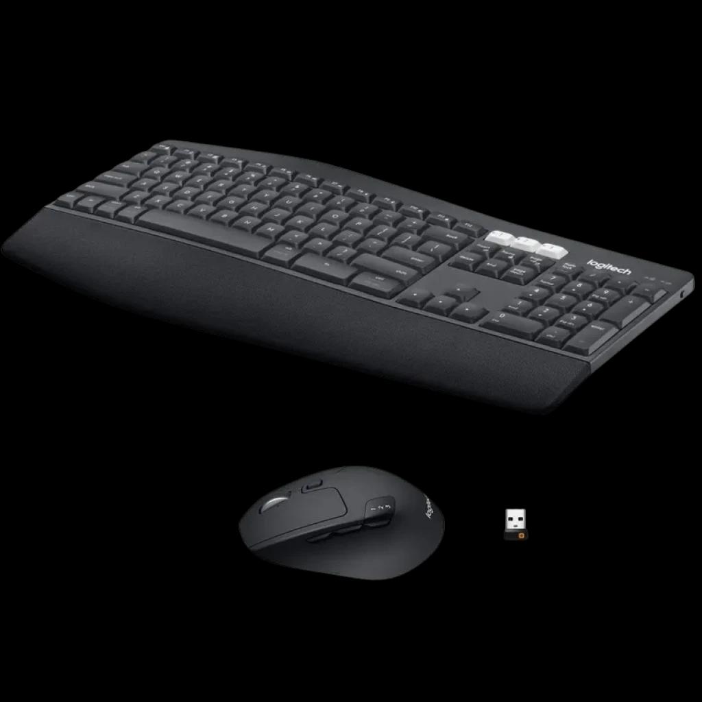 Teclado de membrana espanhol sem fio com apoio ergonômico e teclas multimídia, acompanhado de mouse preto sem fio 1000 DPI e receptor USB compactos
