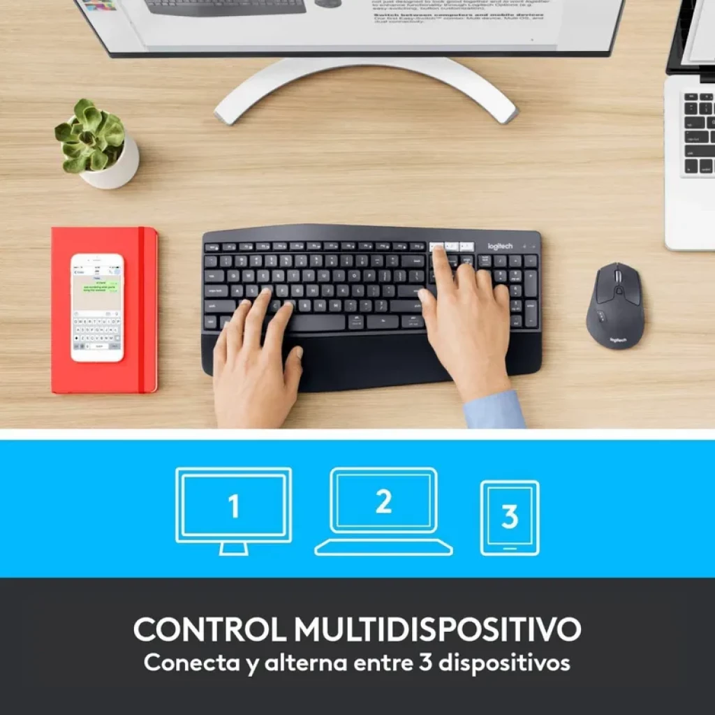 Teclado espanhol Logitech MK850 Performance com teclas de baixo perfil e apoio de pulso, acompanhado de mouse sem fio preto 1000 DPI, uso multidispositivo