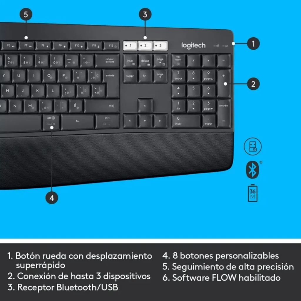 Teclado Logitech MK850 espanhol com apoio ergonômico, teclas multimídia e numéricas, pareamento até 3 dispositivos via Bluetooth/USB. Mouse sem fio 1000 DPI