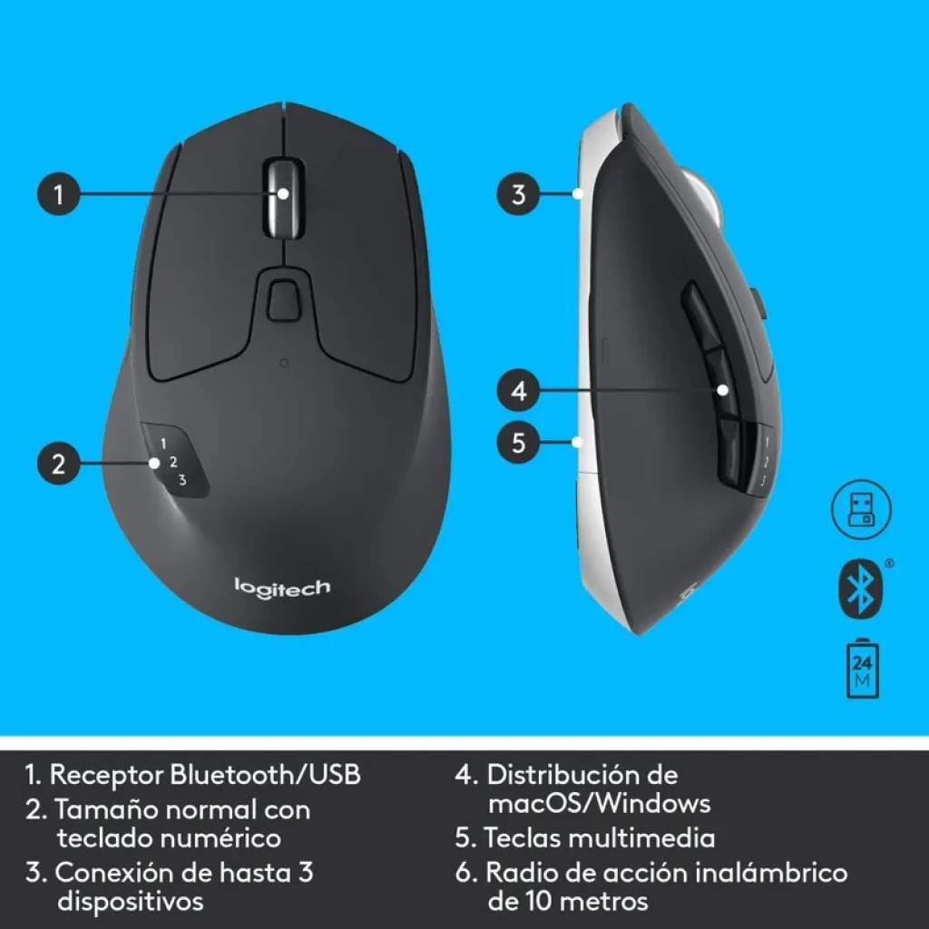 Mouse sem fio Logitech preto com botões laterais, seletor Easy-Switch para 3 dispositivos, rolagem lateral, 1000 DPI, alcance 10 m, Bluetooth/USB