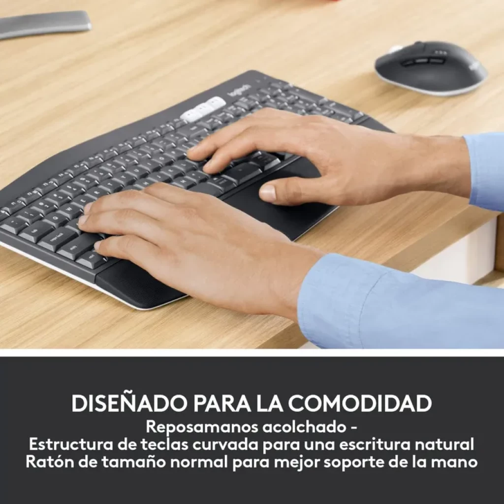 Teclado Logitech MK850 espanhol com apoio acolchoado e teclas curvas; mouse sem fio preto 1000 DPI ao lado, design ergonômico para conforto diário
