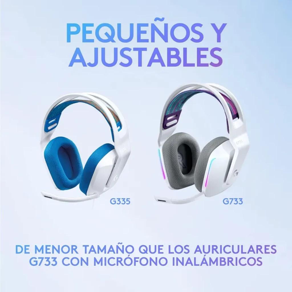 Logitech G335 Auriculares Con Cable Diadema Blanco, cascos blancos compactos con almohadillas azules y diadema ajustable ligera, diseño gamer moderno