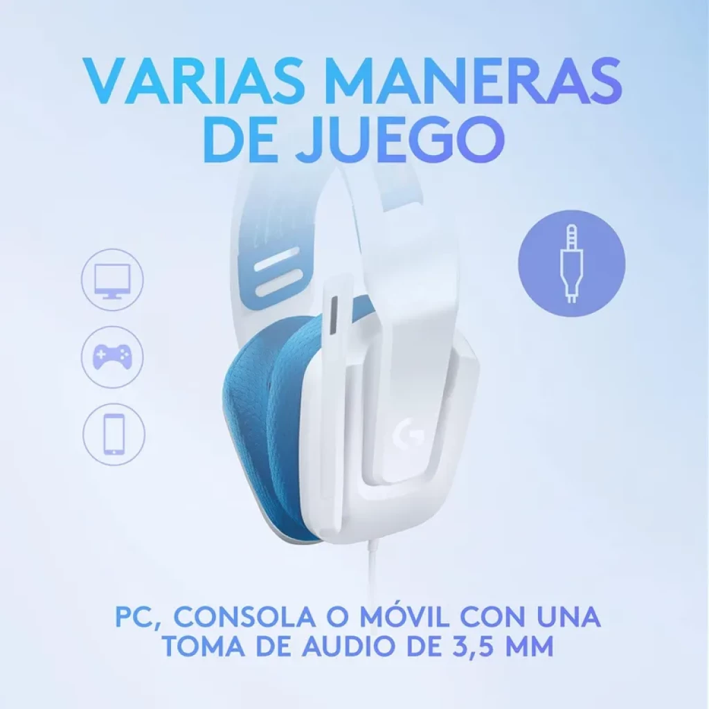 Logitech G335 Auriculares Con Cable Diadema Blanco, estilo gamer en blanco con almohadillas azules, micrófono abatible y conector de 3,5 mm para PC y consola