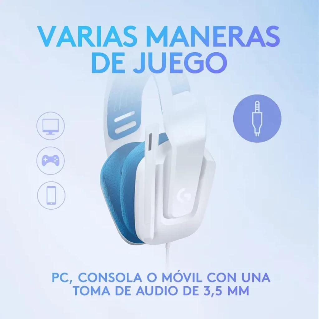 Logitech G335 Auriculares Con Cable Diadema Blanco, estilo gamer en blanco con almohadillas azules, micrófono abatible y conector de 3,5 mm para PC y consola