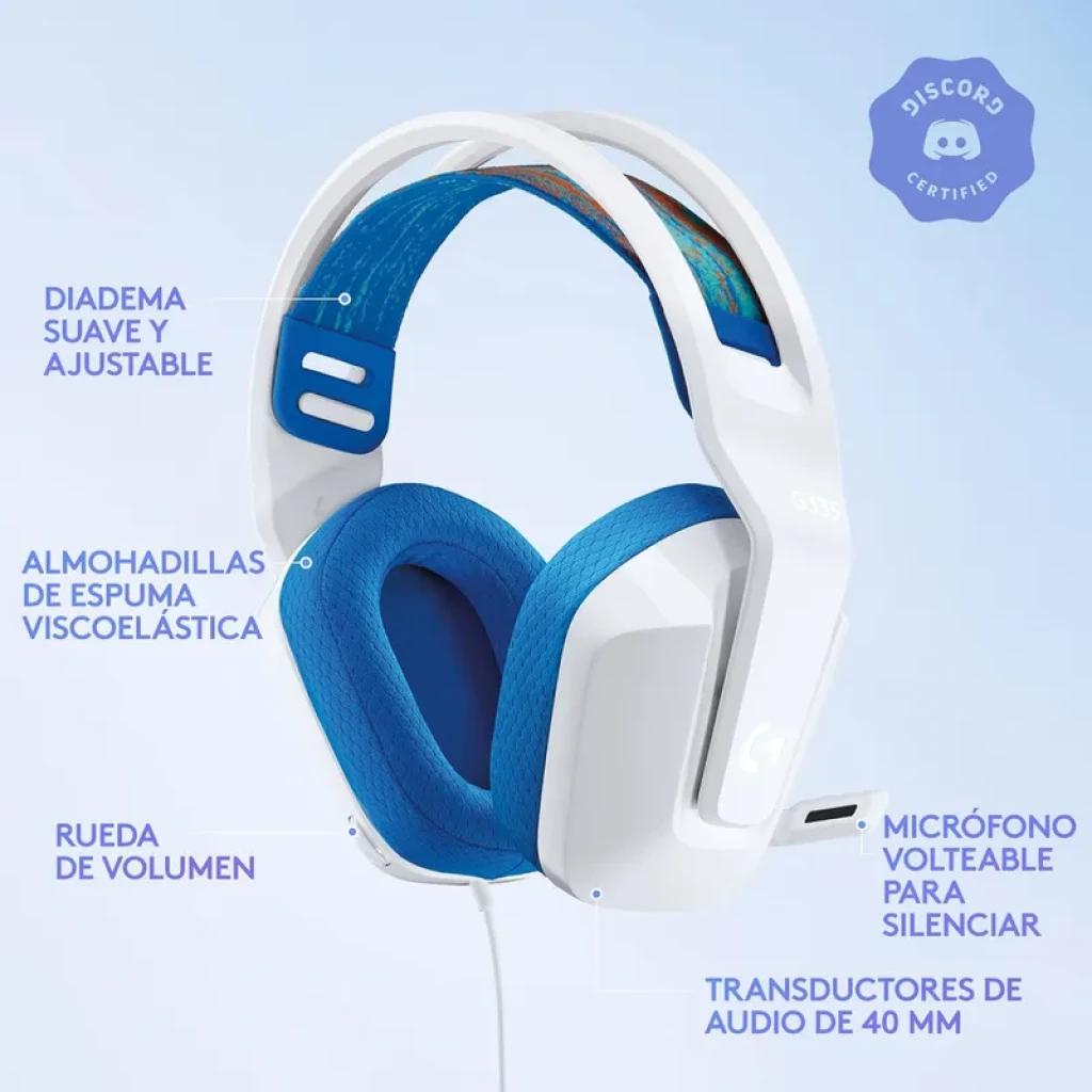 Logitech G335 Auriculares con cable blancos, diadema ajustable, almohadillas azules viscoelásticas, micrófono abatible para silenciar y drivers de 40 mm
